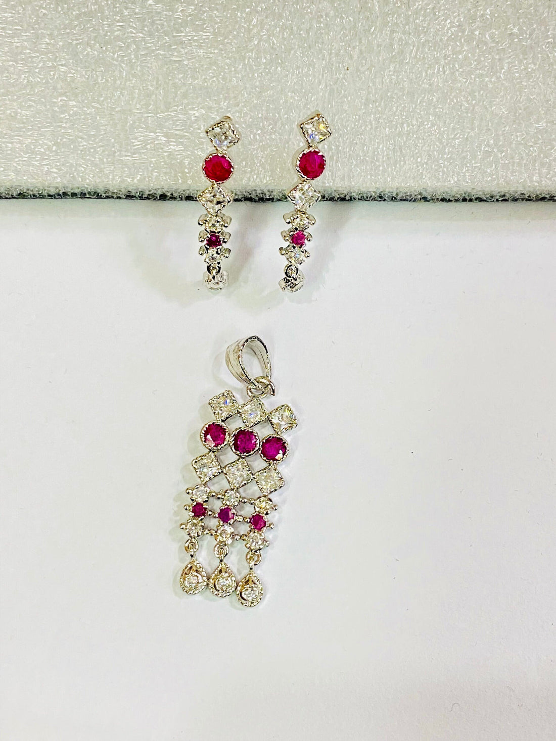 Silver CZ Necklace Set | Geometric Crystal Jewelry | Minimal Pendant Necklace and Earrings — 6