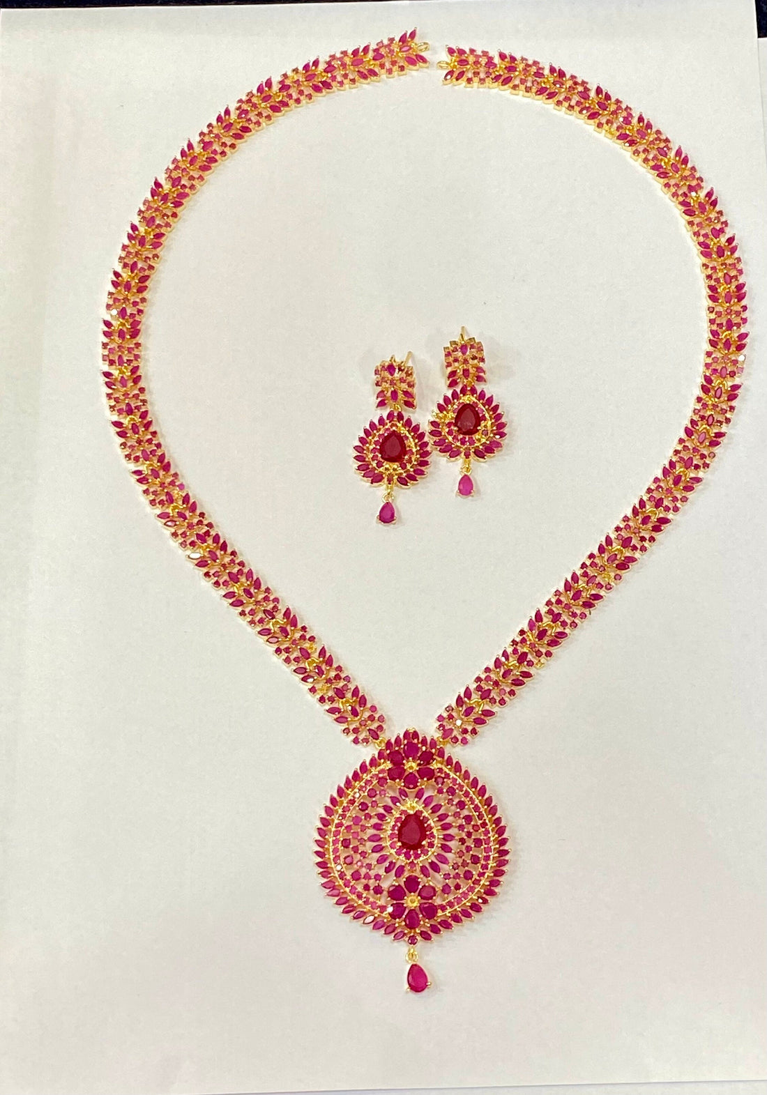 Handmade Wedding Ruby Long Necklace: 22k Gold Plated South Indian Gemstone Haaram with Earrings — 6