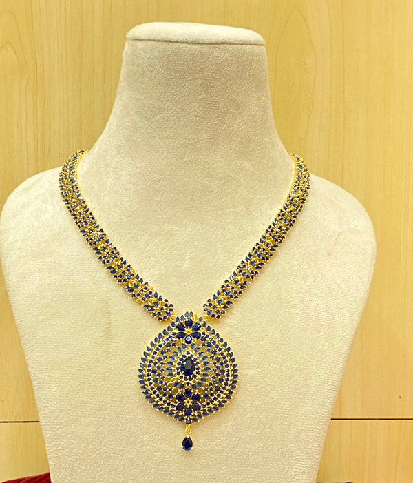 Gold Plated Blue Sapphire Long Necklace Jewelry, South Indian long Blue Haram Set