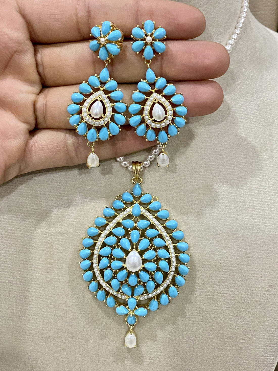 Handcrafted Turquoise & Pearl Pendant Jewelry: 22k Gold Plated Pendant Earrings — 3