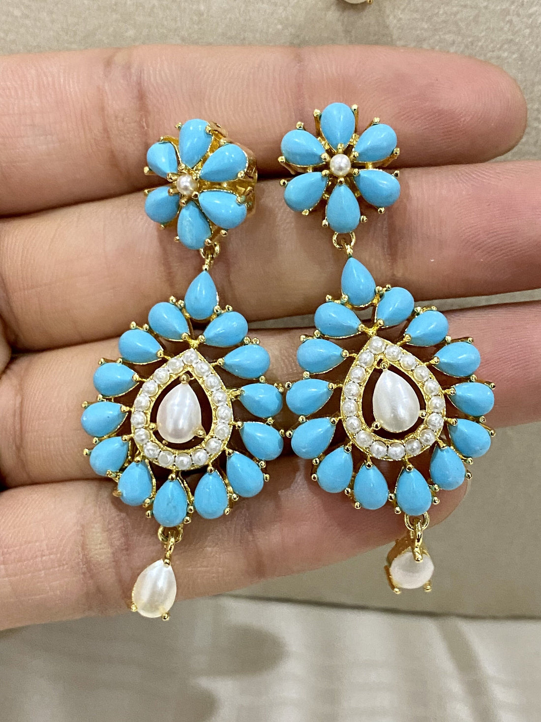 Handcrafted Turquoise & Pearl Pendant Jewelry: 22k Gold Plated Pendant Earrings — 4