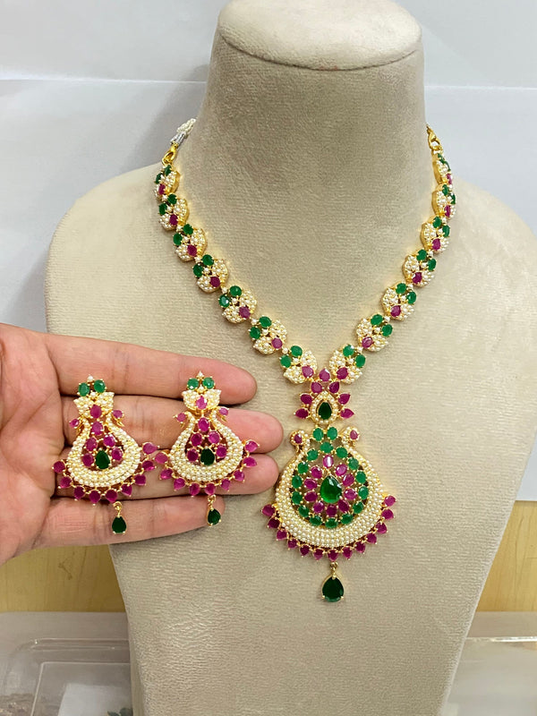 Gold Plated Ruby Emerald Pearl Necklace Set | South Indian Bridal Jewelry