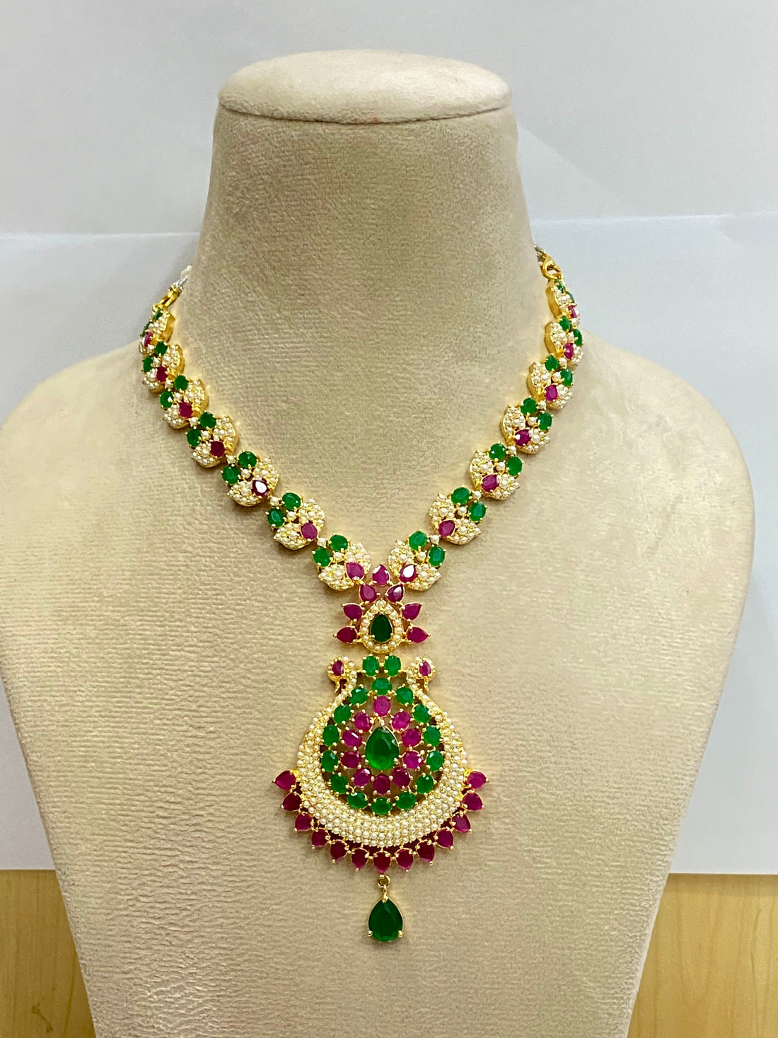 Gold Plated Ruby Emerald Pearl Necklace Set | South Indian Bridal Jewelry — 2
