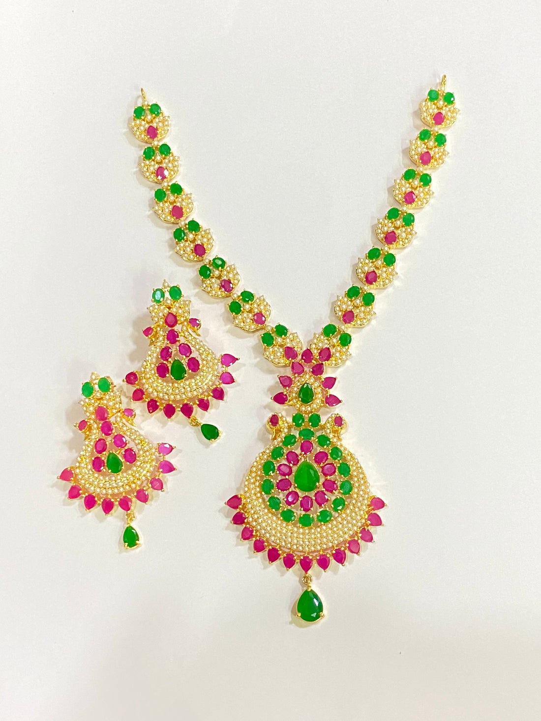 Gold Plated Ruby Emerald Pearl Necklace Set | South Indian Bridal Jewelry — 8