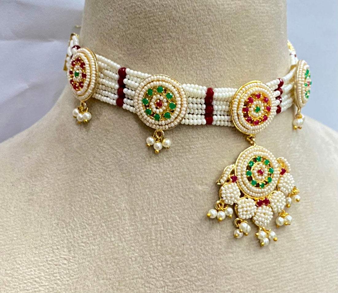 Premium Pearl Indian Wedding Choker Necklace Set | Heavy Designer Bridal Ethnic Jewelry | Handmade Statement Necklace | Gift For Her — 8