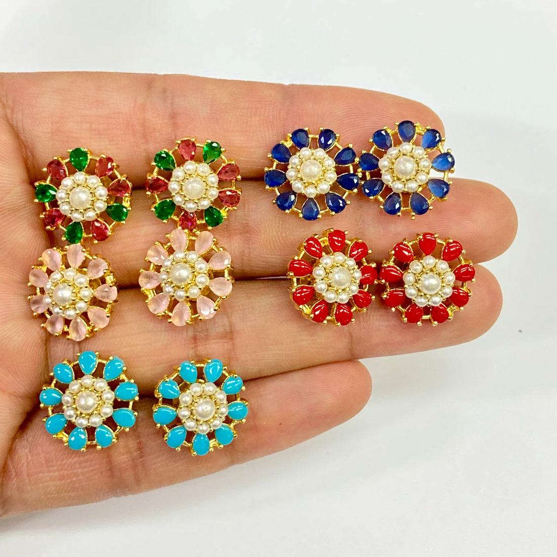 Colorful Flower Stud Earrings | Gold Plated Pearl Cluster Earrings | Handmade Statement Jewelry Gift for Her — 7