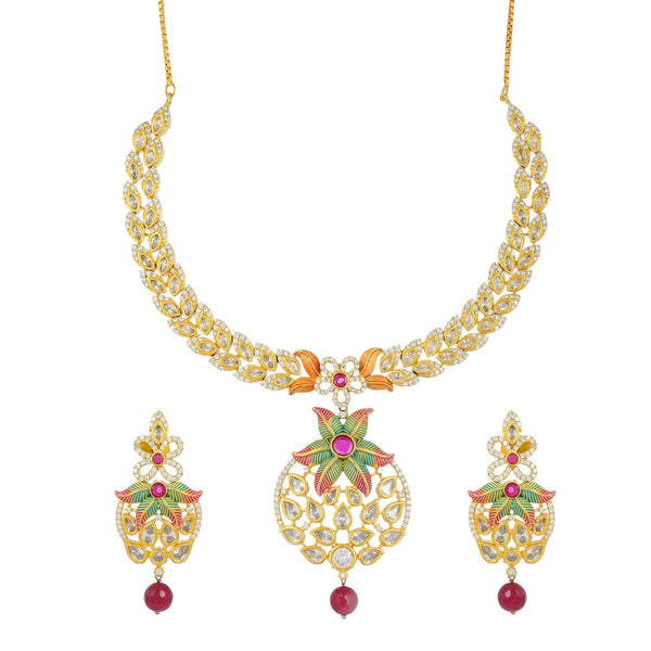 Meenakari Necklace Set | Gold Plated CZ Stone Indian Jewelry | Kundan Bridal Necklace with Earrings | Ethnic Wedding Jewelry | Gift for Her
