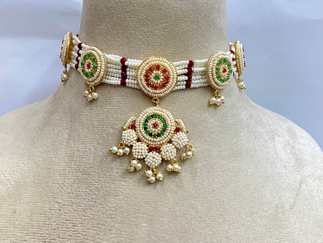 Premium Pearl Indian Wedding Choker Necklace Set | Heavy Designer Bridal Ethnic Jewelry | Handmade Statement Necklace | Gift For Her — 7