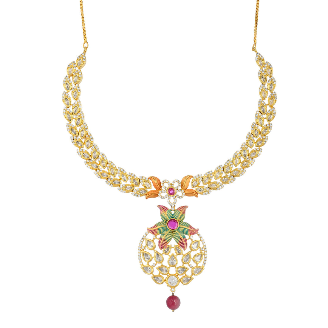 Meenakari Necklace Set | Gold Plated CZ Stone Indian Jewelry | Kundan Bridal Necklace with Earrings | Ethnic Wedding Jewelry | Gift for Her — 2
