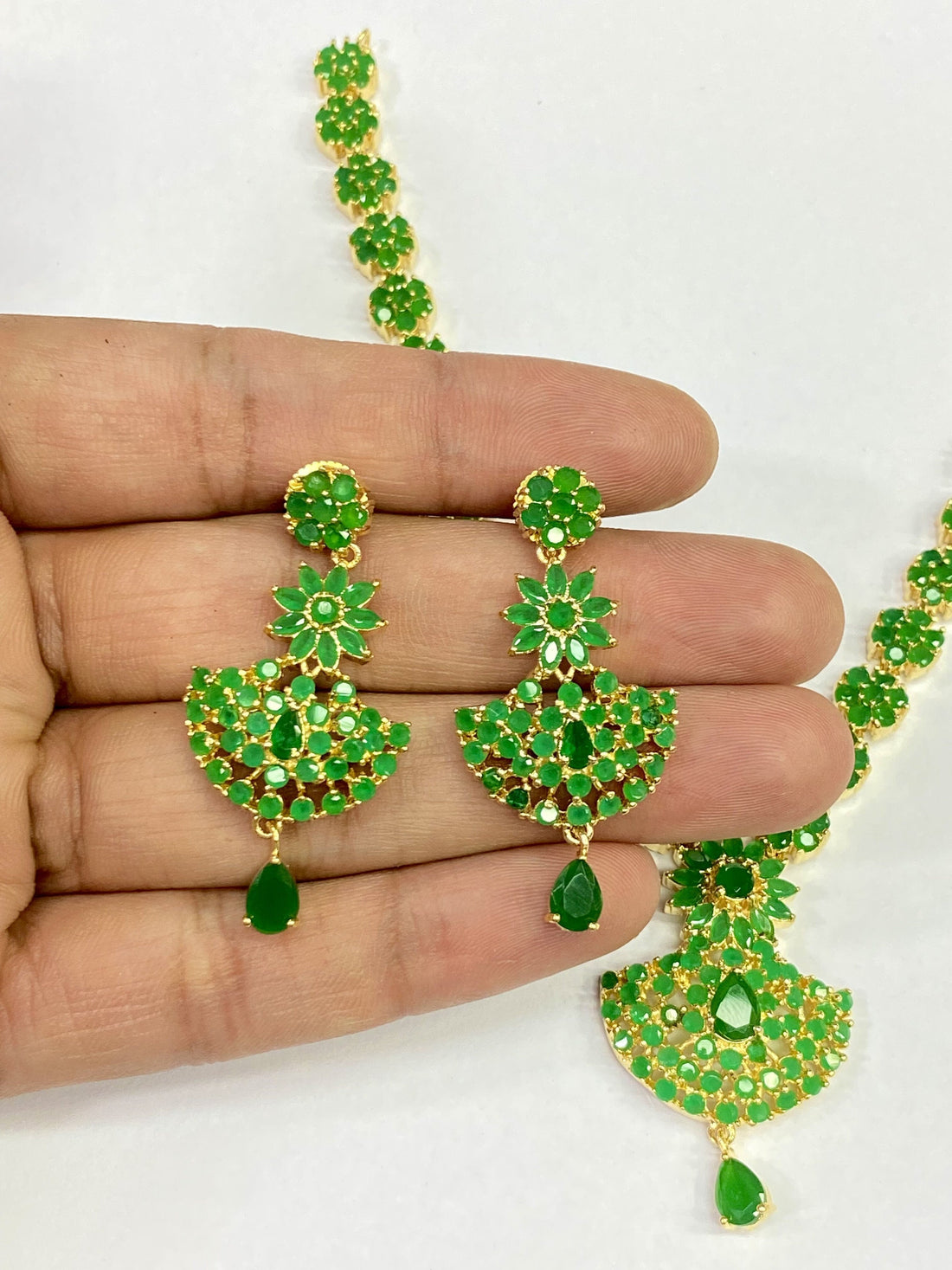 Green Stone Floral Necklace Set Emerald Gold Plated Necklace with Earrings | Green Necklace Jewelry | Necklace Set | Gift For Her — 5