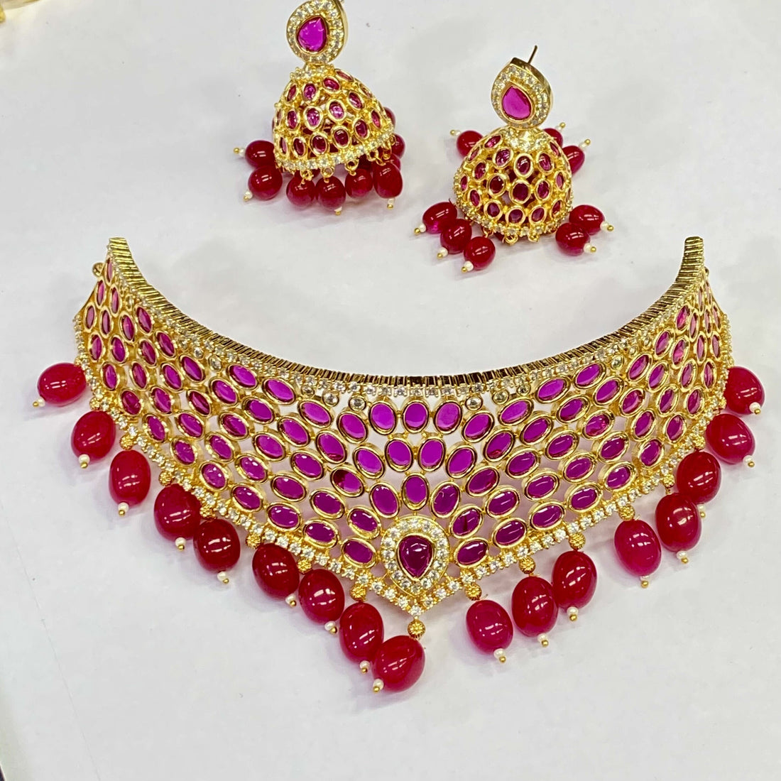 Gold Plated Ruby Choker Necklace: South Indian Bridal Jewelry Set — 5