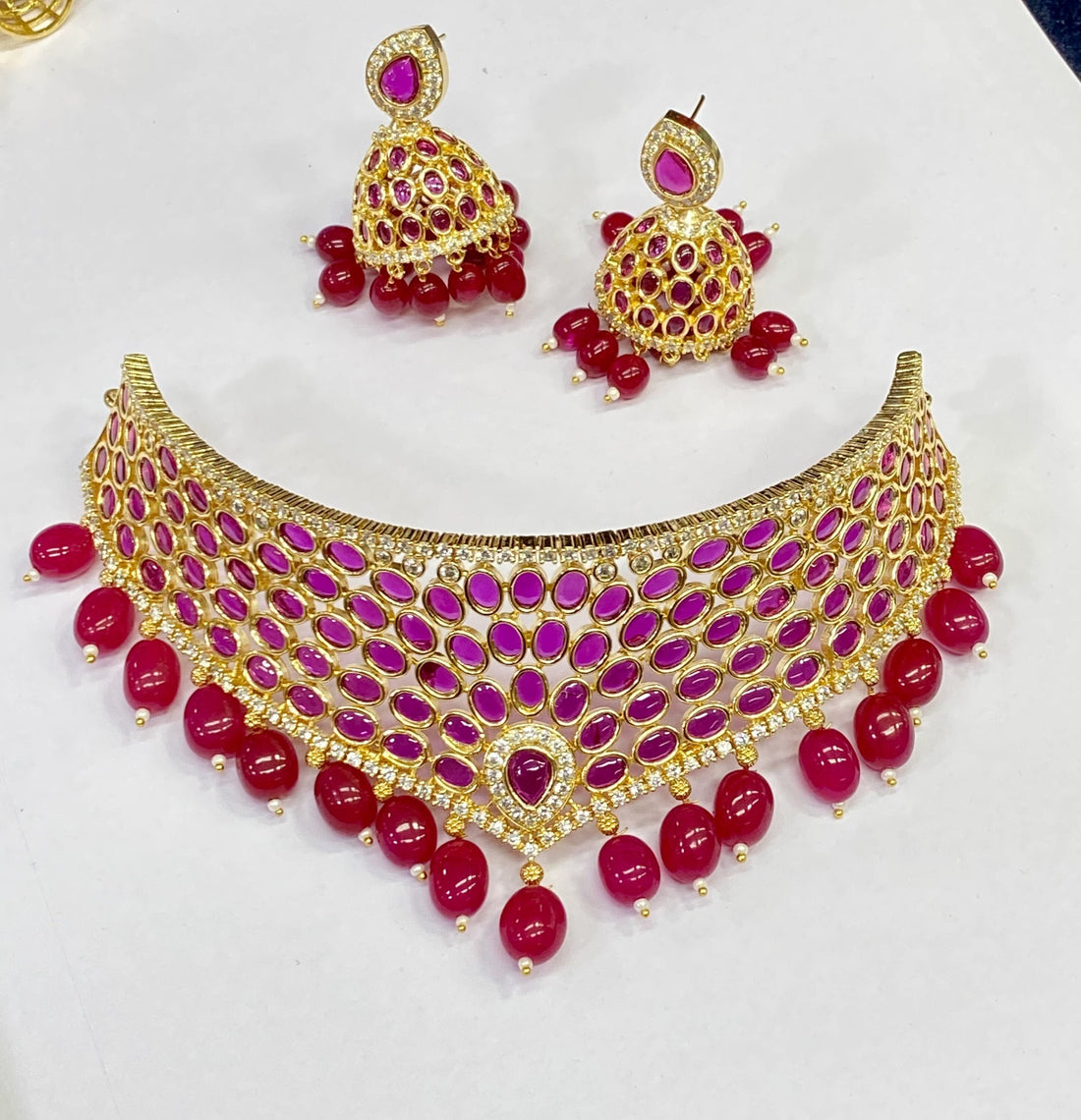 Gold Plated Ruby Choker Necklace: South Indian Bridal Jewelry Set — 6