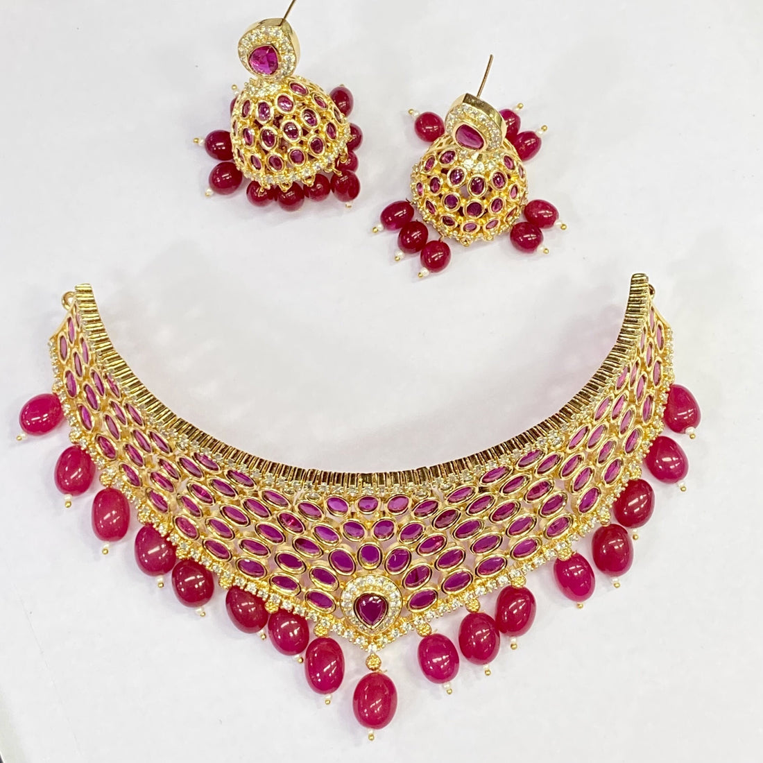 Gold Plated Ruby Choker Necklace: South Indian Bridal Jewelry Set — 3