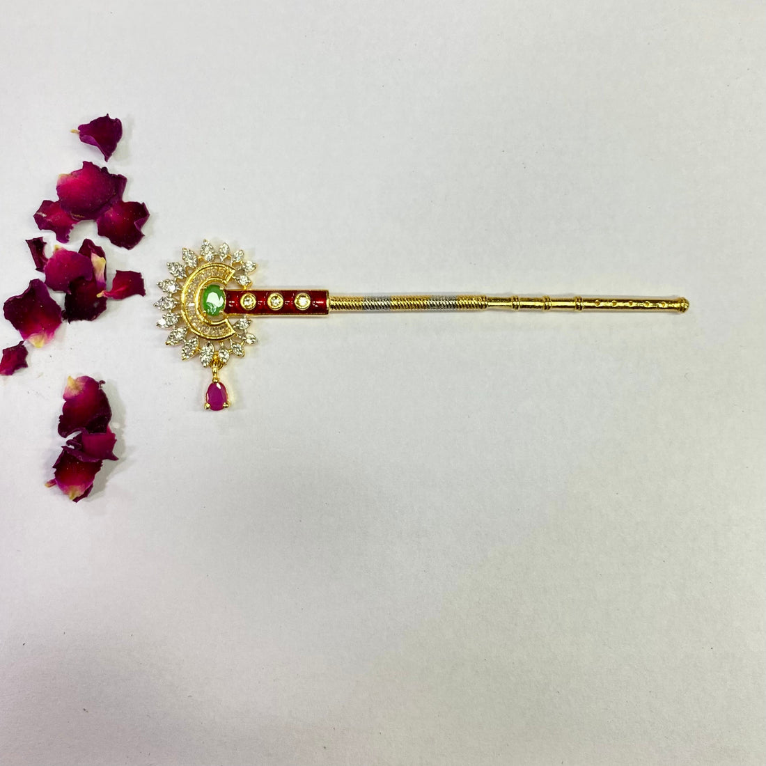 22k Gold Plated Krishna Flute CZ Stone & Peacock Design | Peacock Bansuri / flute, Krishna Murli / Bal Gopal Bansi — 3