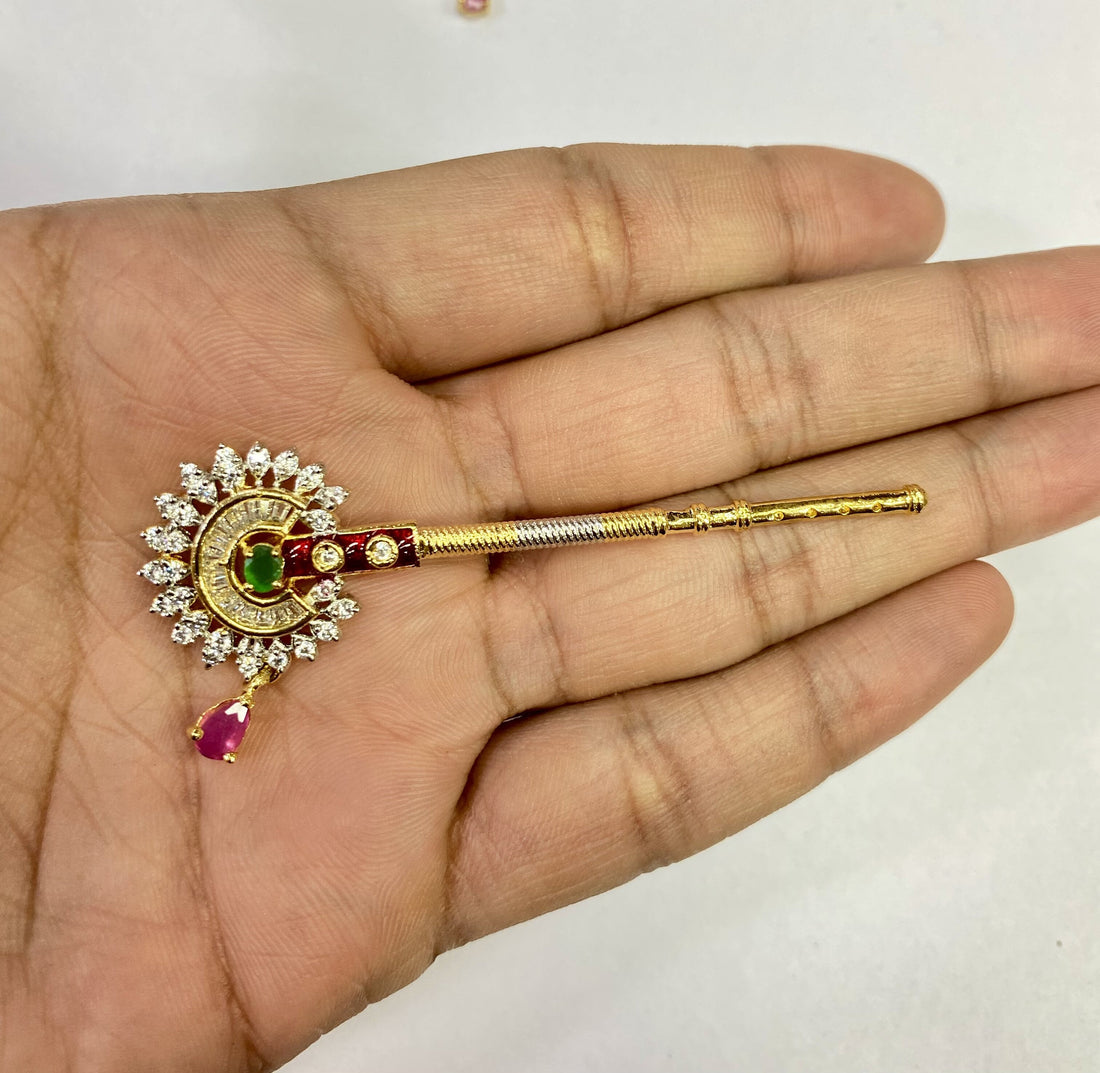 22k Gold Plated Krishna Flute CZ Stone & Peacock Design | Peacock Bansuri / flute, Krishna Murli / Bal Gopal Bansi — 8