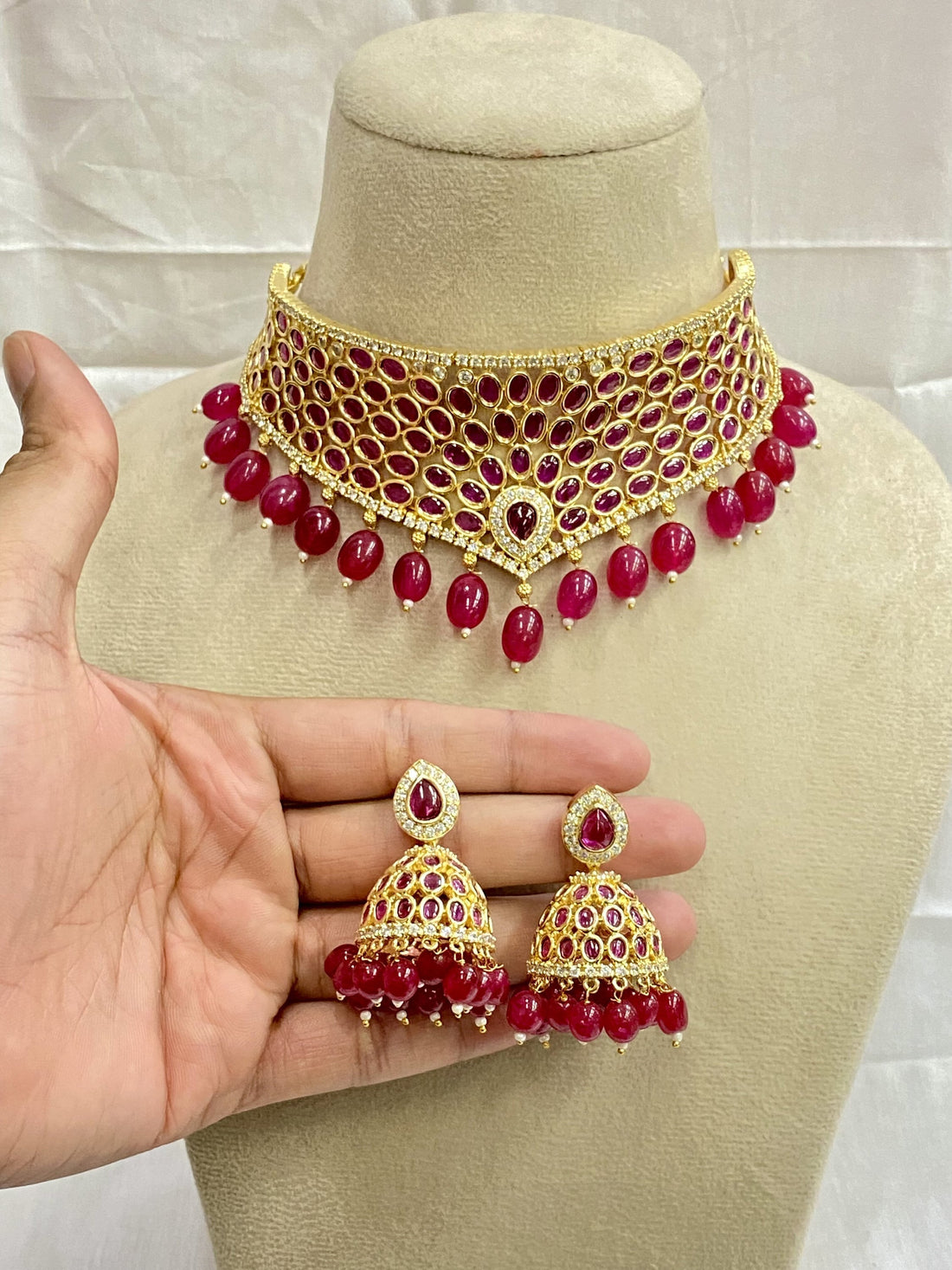 Gold Plated Ruby Choker Necklace: South Indian Bridal Jewelry Set — 2