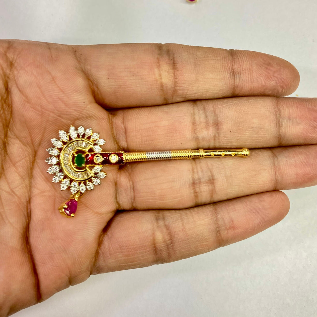22k Gold Plated Krishna Flute CZ Stone & Peacock Design | Peacock Bansuri / flute, Krishna Murli / Bal Gopal Bansi — 7