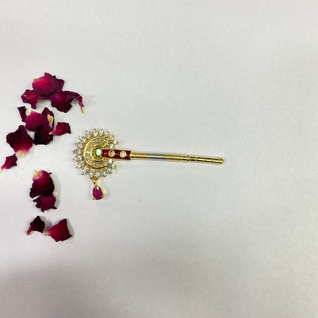 22k Gold Plated Krishna Flute CZ Stone & Peacock Design | Peacock Bansuri / flute, Krishna Murli / Bal Gopal Bansi — 6