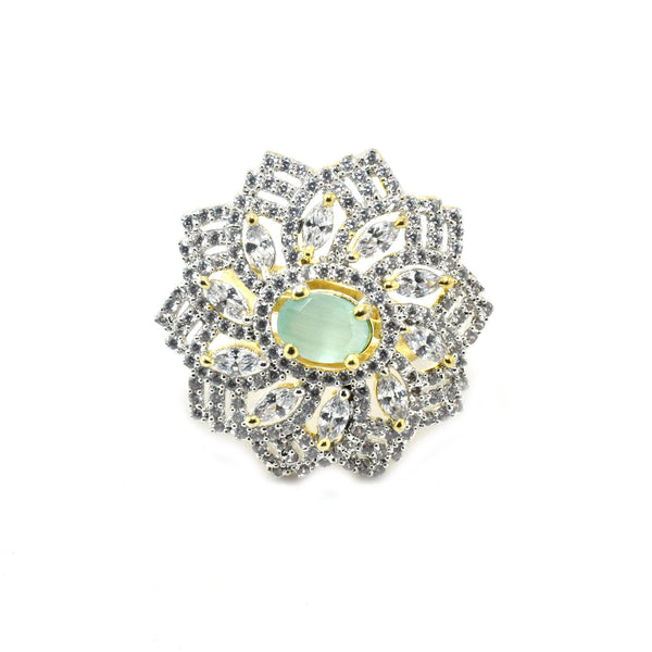 Aqua Chalcedony Ring: Gold Plated CZ Diamond Floral Ring