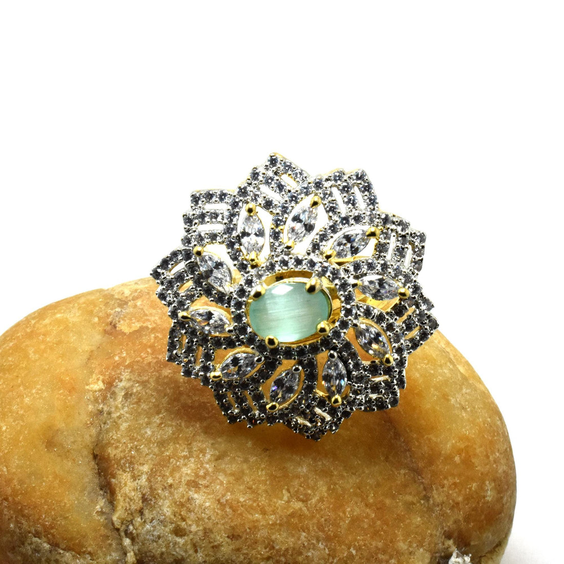 Aqua Chalcedony Ring: Gold Plated CZ Diamond Floral Ring — 5