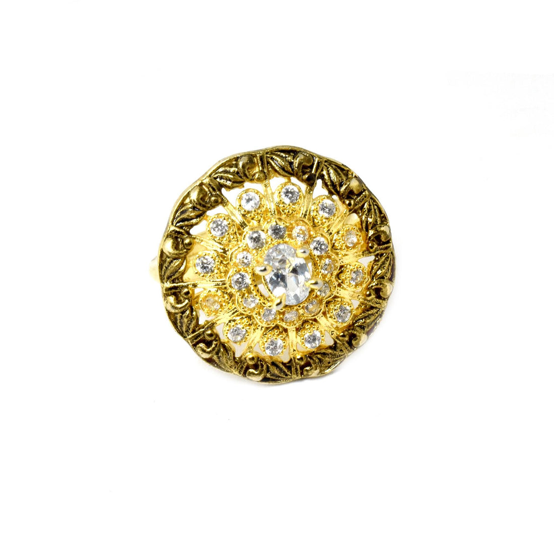 CZ Diamond Gold Plated Ring: Adjustable Floral Design — 2