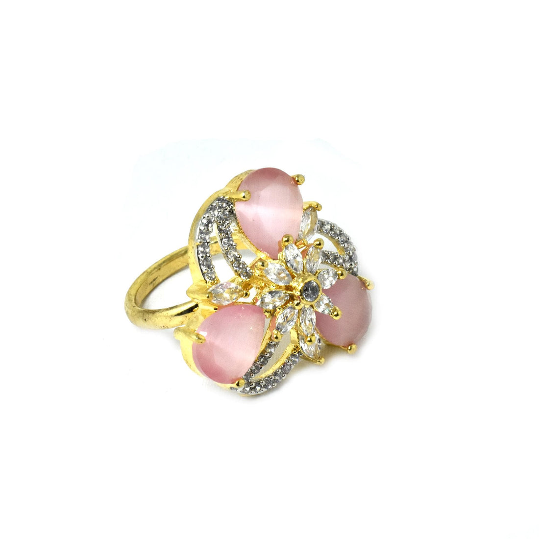 Rose Quartz Ring: Gold Plated Pear Stone & CZ Diamond — 4