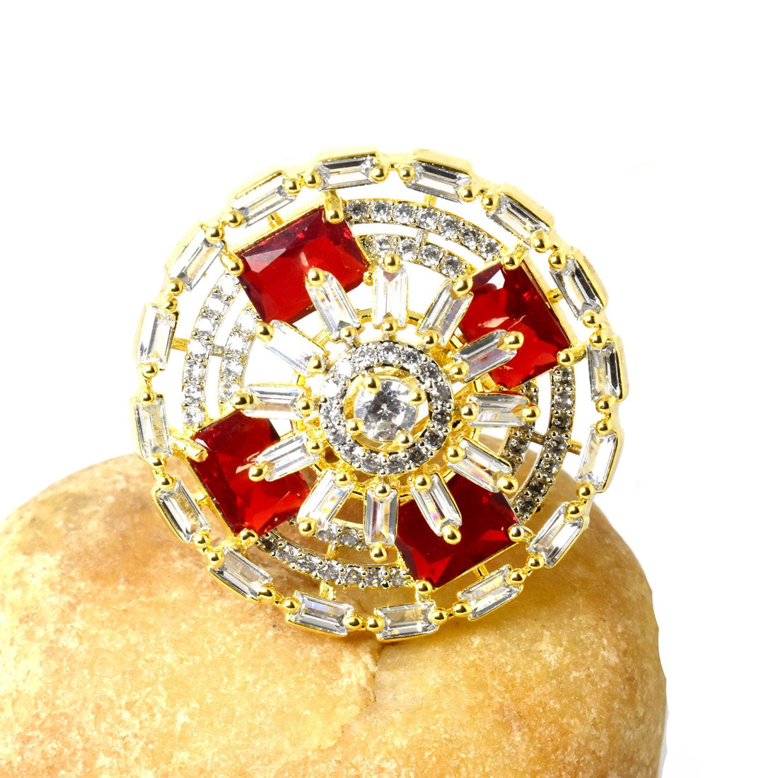 Ruby Cut & CZ Diamond Ring: 22k Gold Plated Adjustable Statement Ring — 6