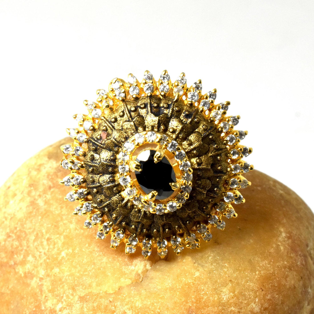 Black Onyx & CZ Ring: Gold Plated Adjustable Ring — 2