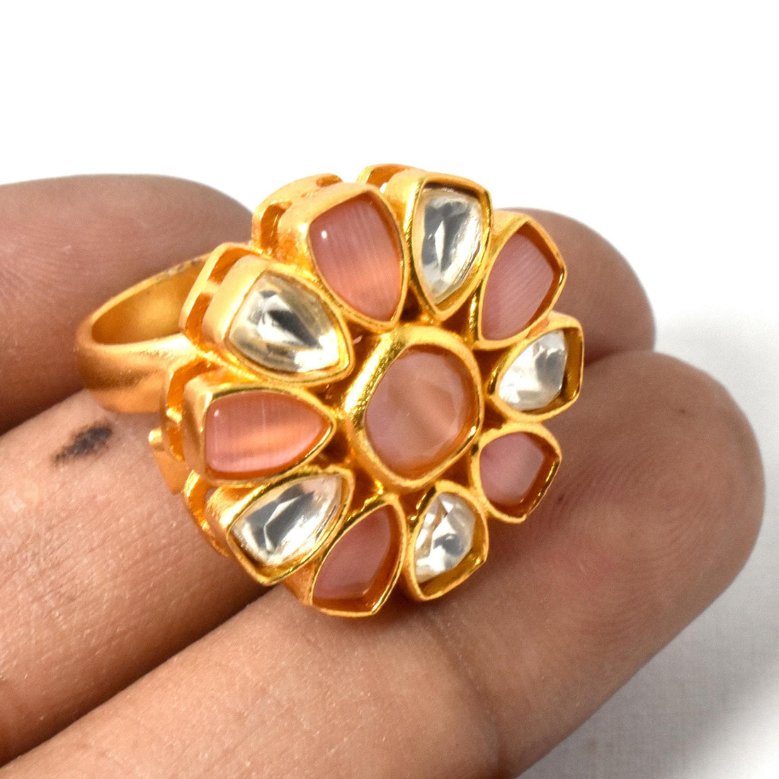 Gold Plated Floral Kundan Ring: Adjustable Multi Stone Statement Ring | Gift For Her — 6