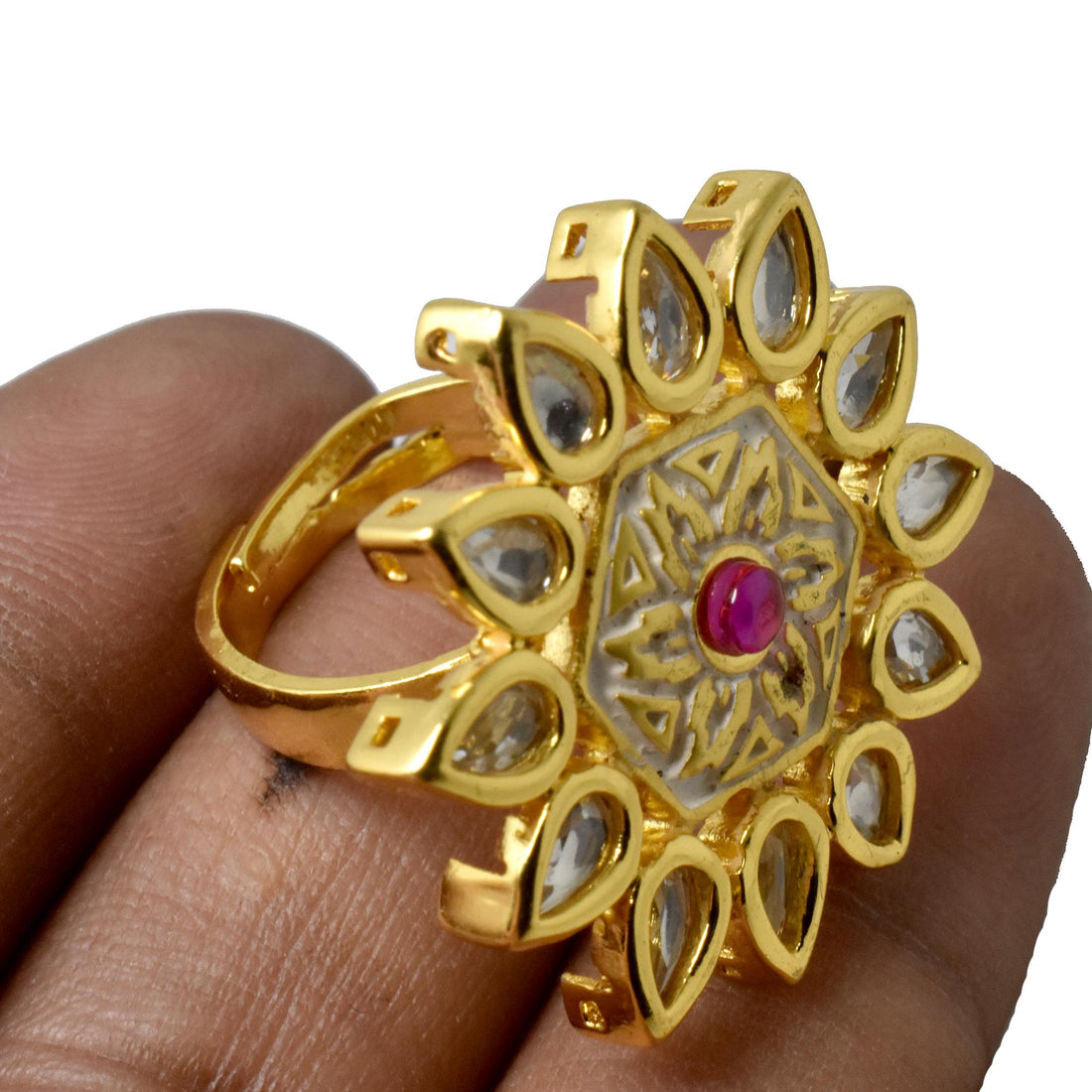Red Ruby Polki CZ Diamond Cocktail Ring | 22K Gold Plated Adjustable Ring | Bridal Ring | Wedding Ring | Engagement Ring | Gift For Her — 5
