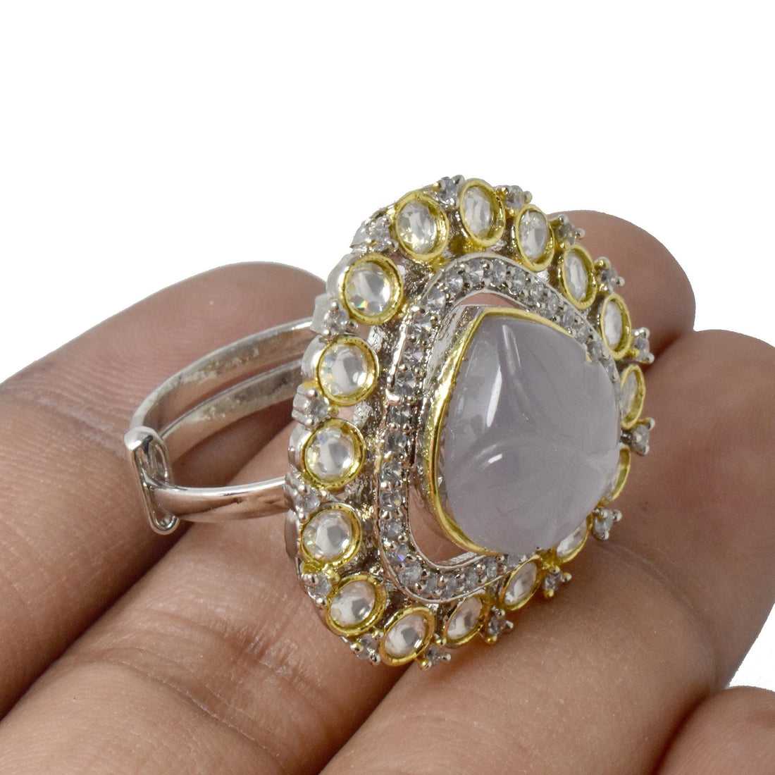 Rose Quartz Carved Ring | White Plated Cocktail Ring | Engagement Ring | Wedding Ring | Bridal Ring | Traditional Statement Jewelry — 5