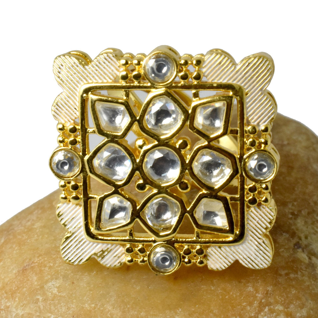 Polki CZ Diamond Ring: 22k Gold Plated Adjustable Statement Ring — 6