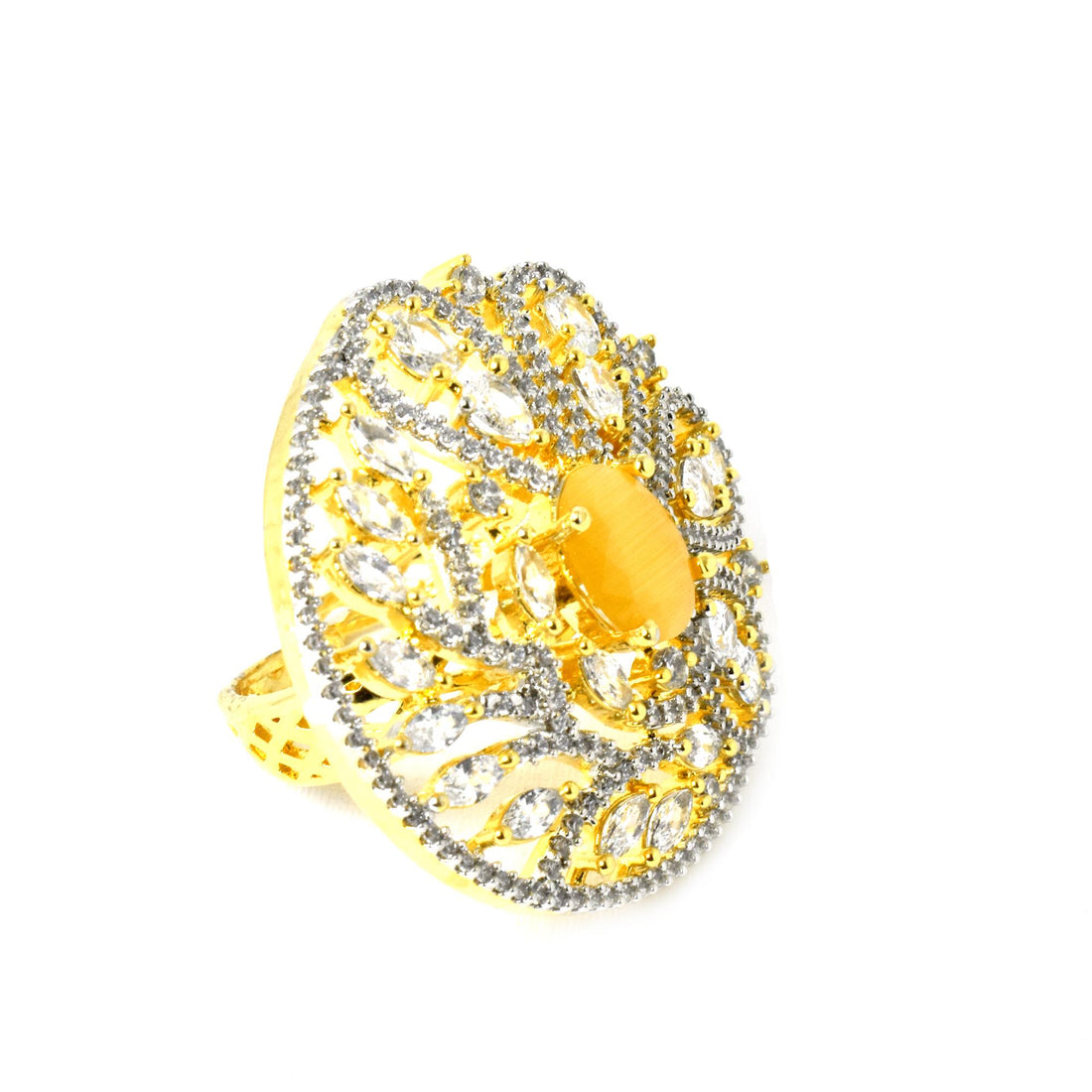 Yellow Chalcedony & CZ Diamond Ring: 22k Gold Plated, Adjustable — 2