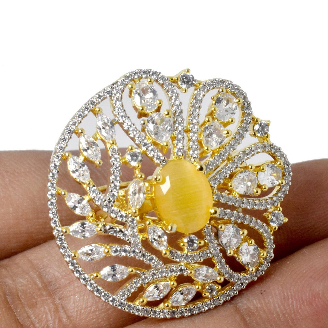 Yellow Chalcedony & CZ Diamond Ring: 22k Gold Plated, Adjustable — 4