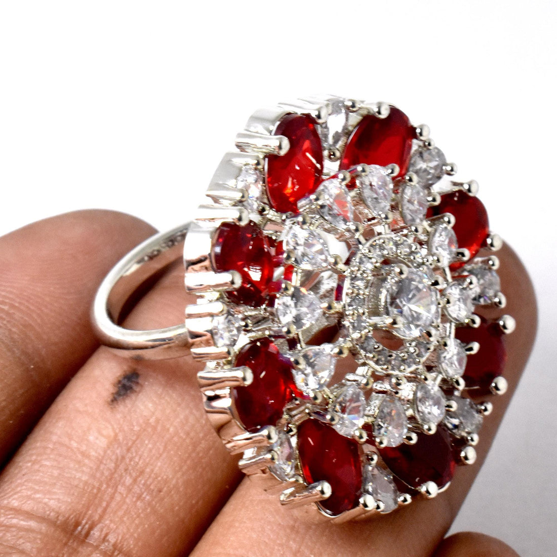 Ruby & CZ Diamond Ring: White Plated Cocktail Statement Ring — 3