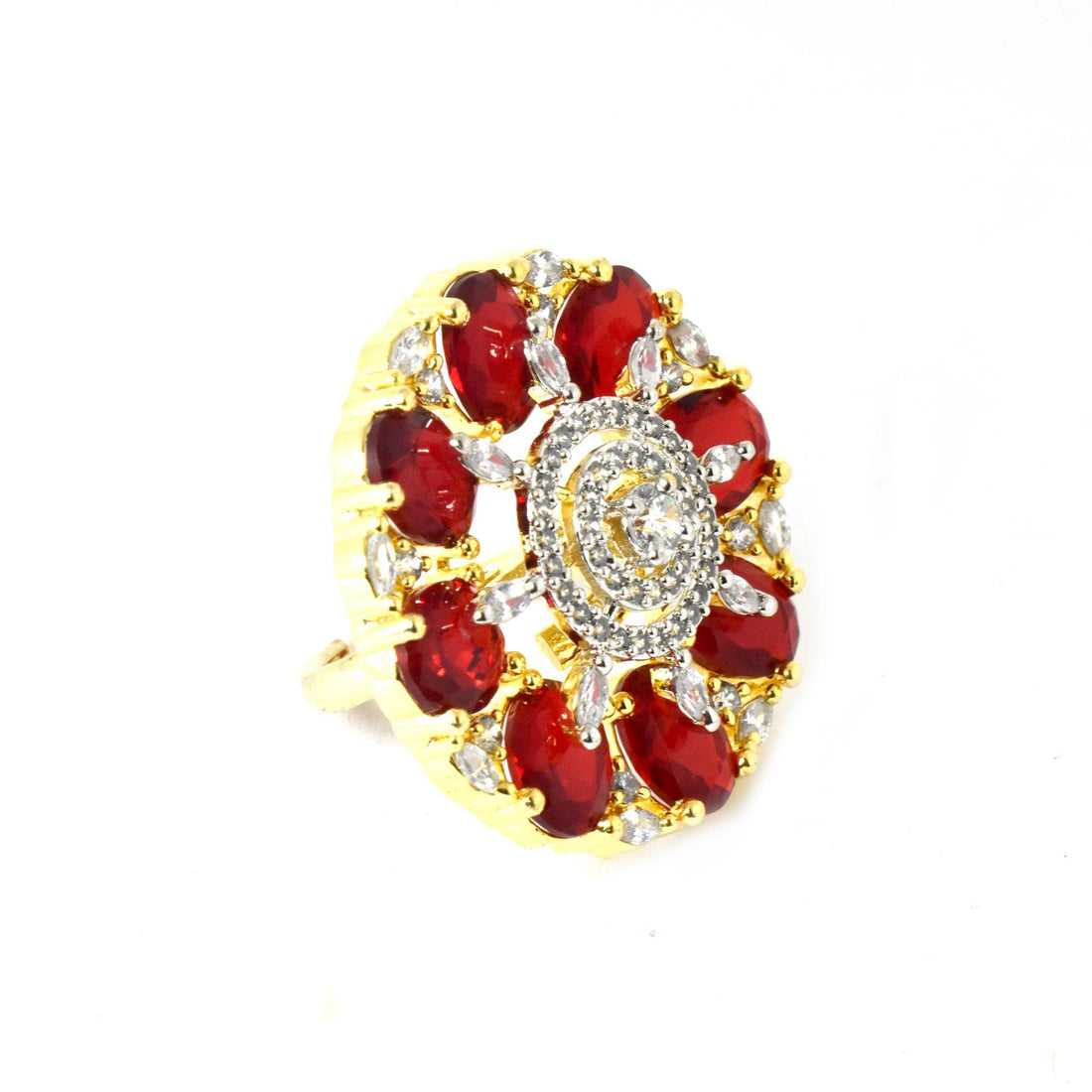 Ruby & CZ Diamond Cocktail Ring: Yellow Gold Plated Statement Jewelry — 4