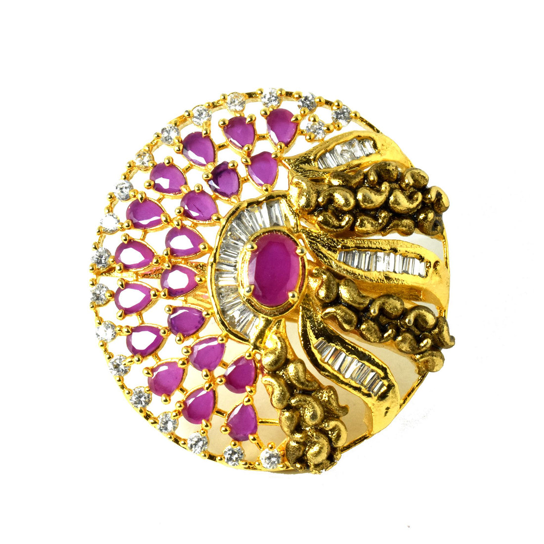 Ruby & CZ Diamond Cocktail Ring: Yellow Gold Plated, Adjustable — 1