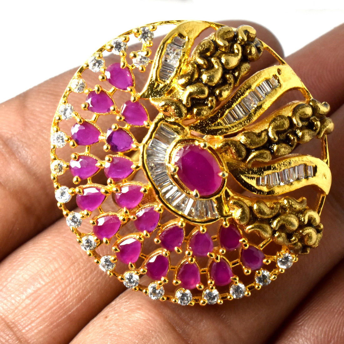 Ruby & CZ Diamond Cocktail Ring: Yellow Gold Plated, Adjustable — 2