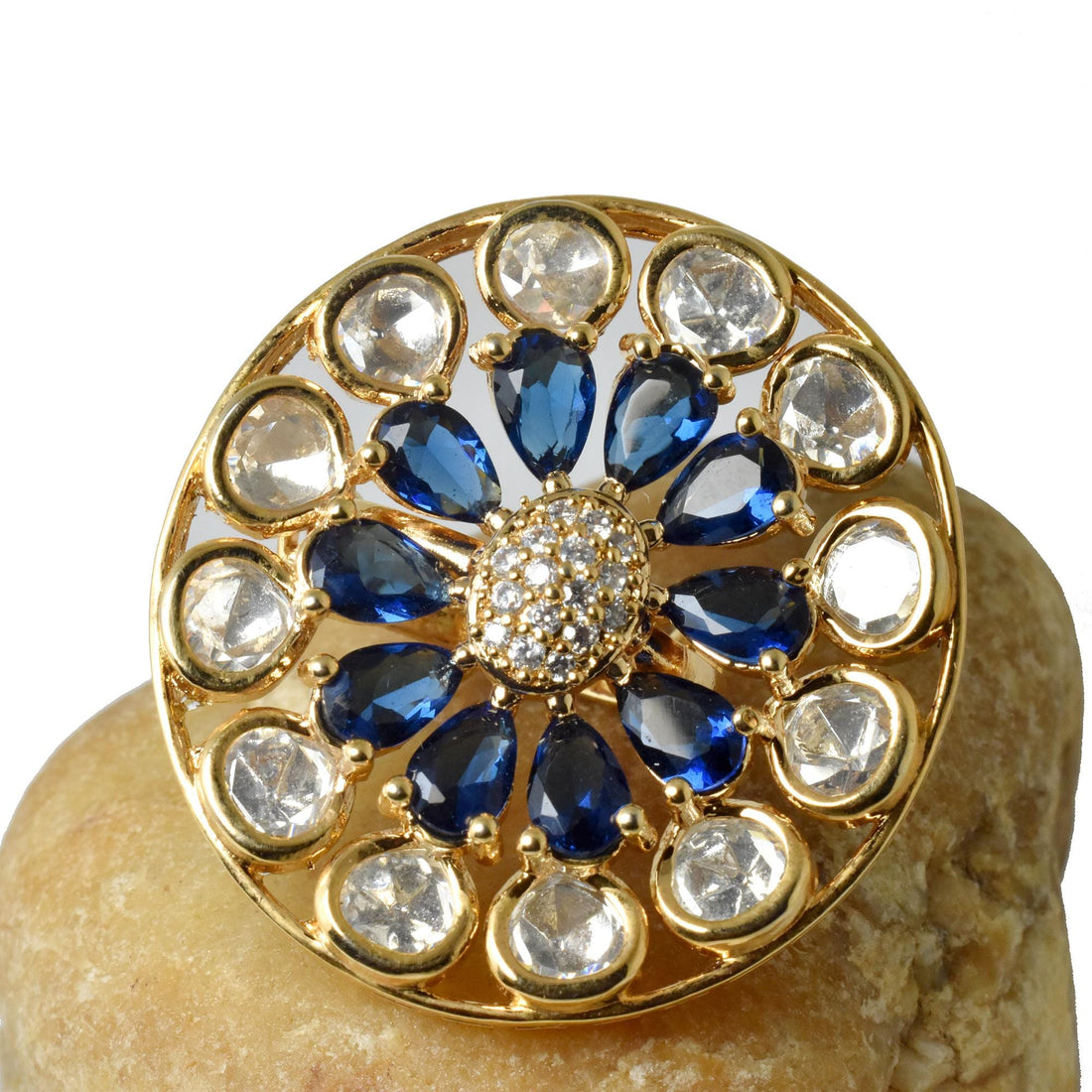 Lab Created Sapphire Ring: CZ Diamond, Yellow Gold Plated, Adjustable — 6