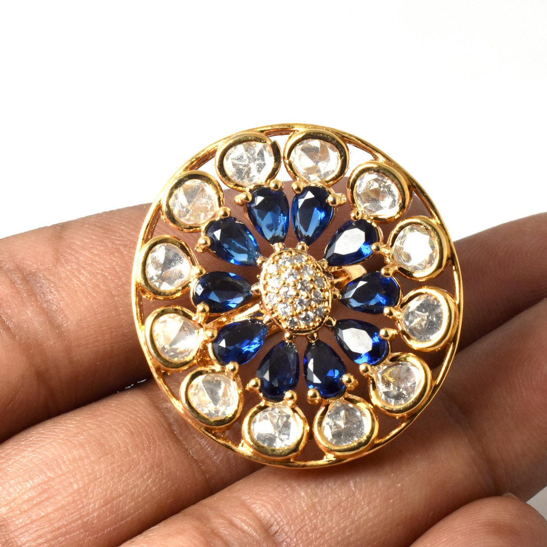 Lab Created Sapphire Ring: CZ Diamond, Yellow Gold Plated, Adjustable — 4