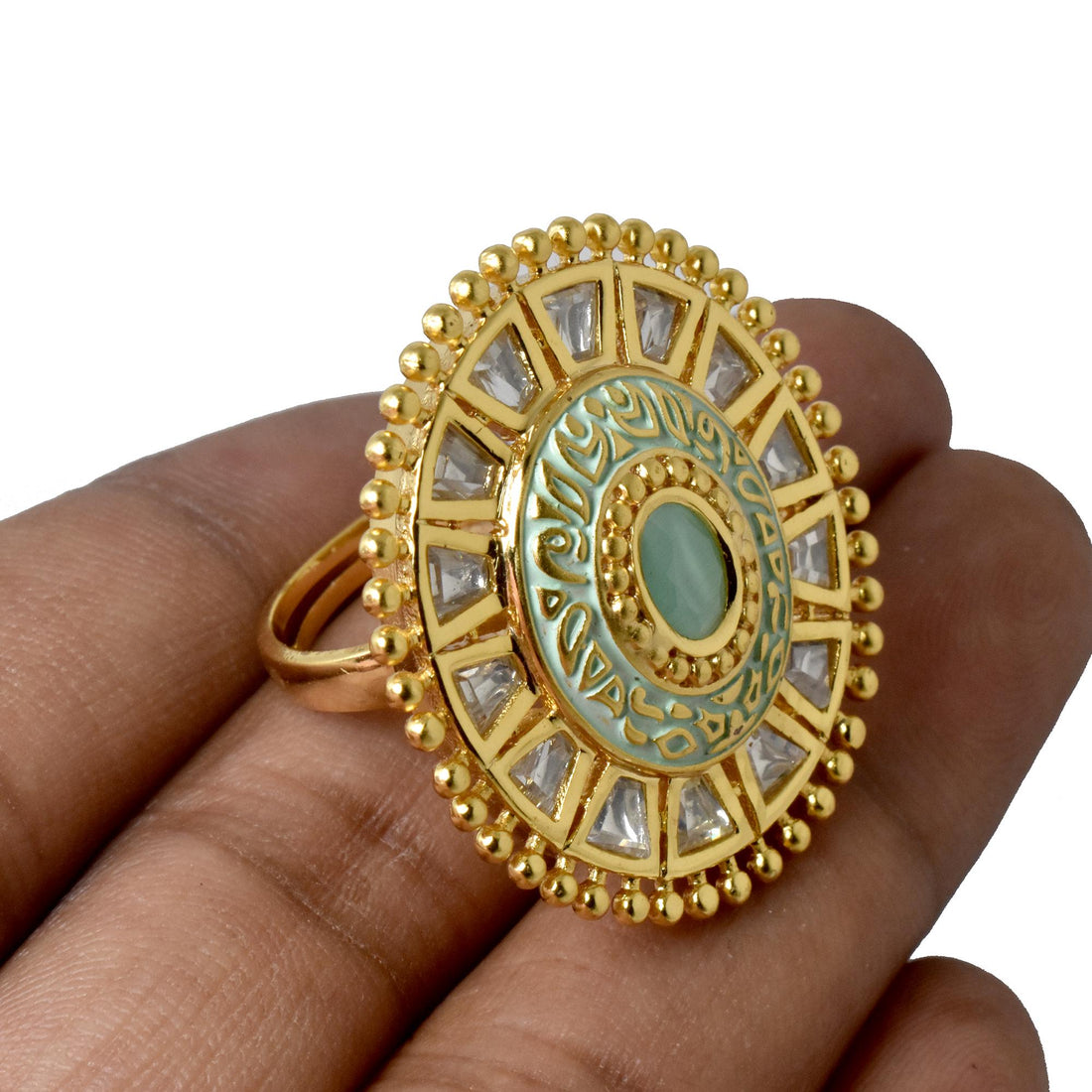 Kundan Polki CZ Diamond Ring | Indian 22K Gold Plated Bridal Statement Cocktail Jewelry | Traditional Wedding Party Wear Ring | Gift For Her — 5