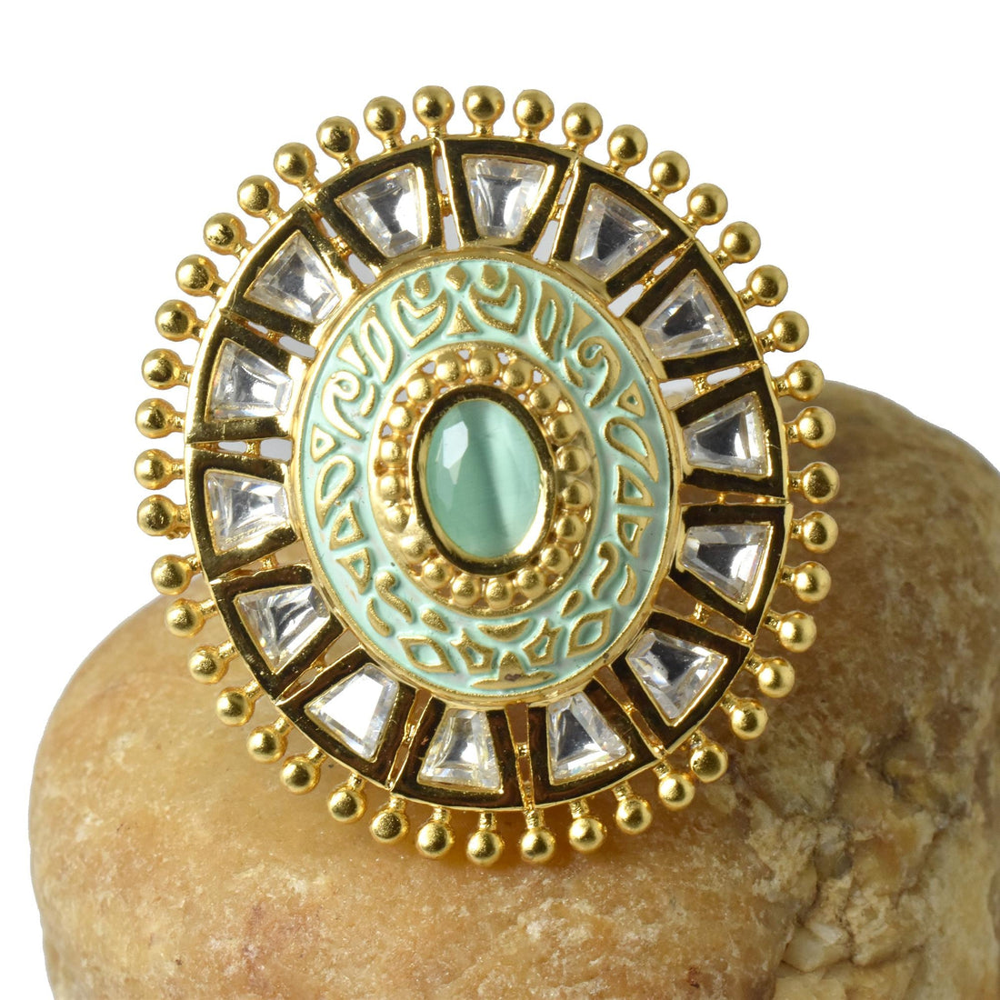 Kundan Polki CZ Diamond Ring | Indian 22K Gold Plated Bridal Statement Cocktail Jewelry | Traditional Wedding Party Wear Ring | Gift For Her — 6