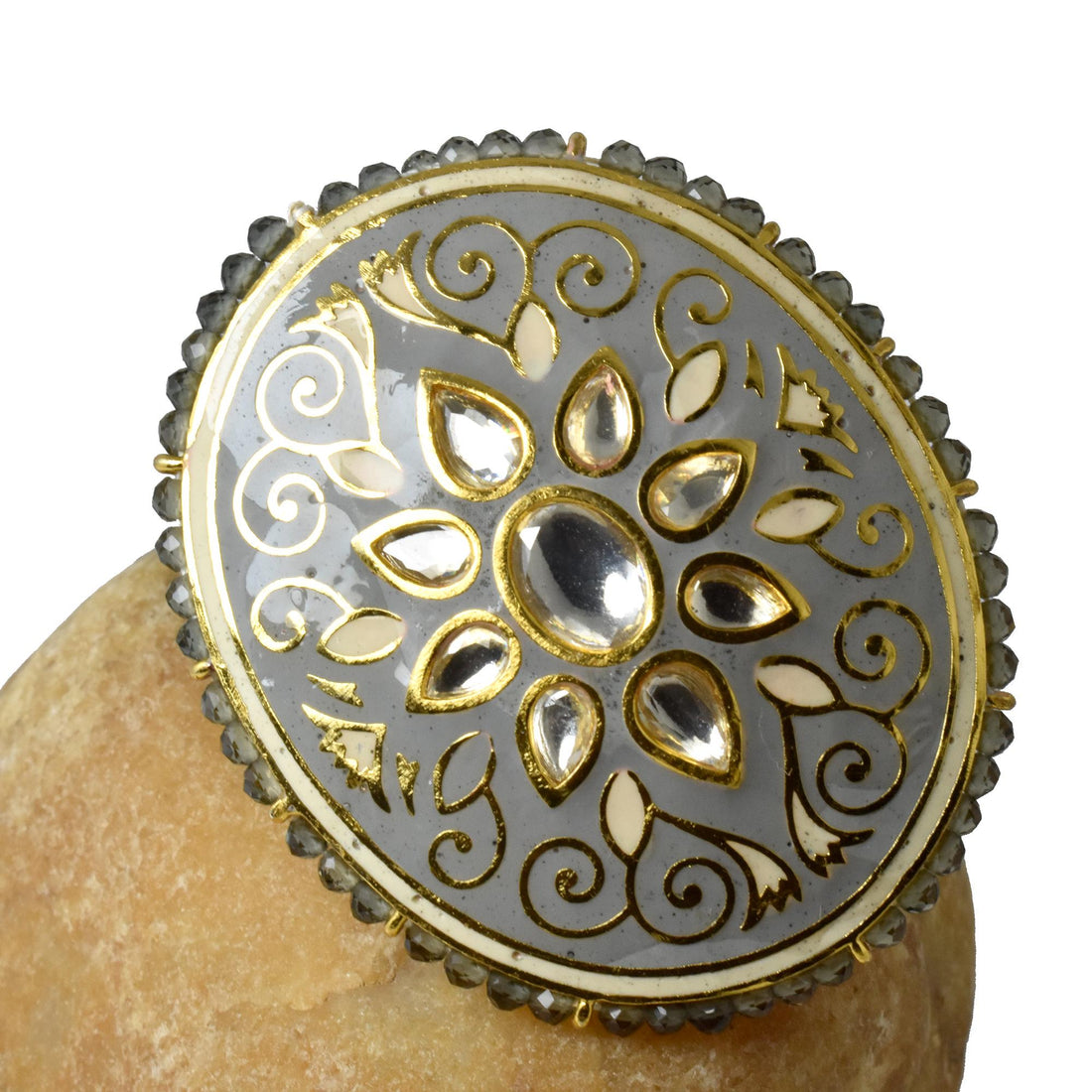 Kundan Polki CZ Diamond Ring | Yellow Gold Plated Traditional Indian Bridal Statement Jewelry | Wedding Cocktail Wear Ring | Gift For Her — 6