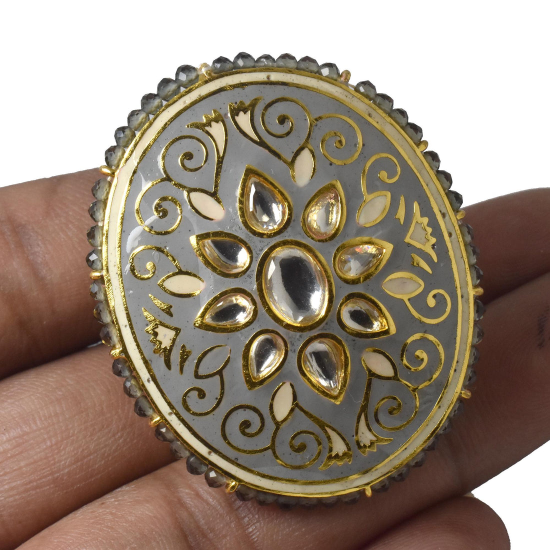 Kundan Polki CZ Diamond Ring | Yellow Gold Plated Traditional Indian Bridal Statement Jewelry | Wedding Cocktail Wear Ring | Gift For Her — 4