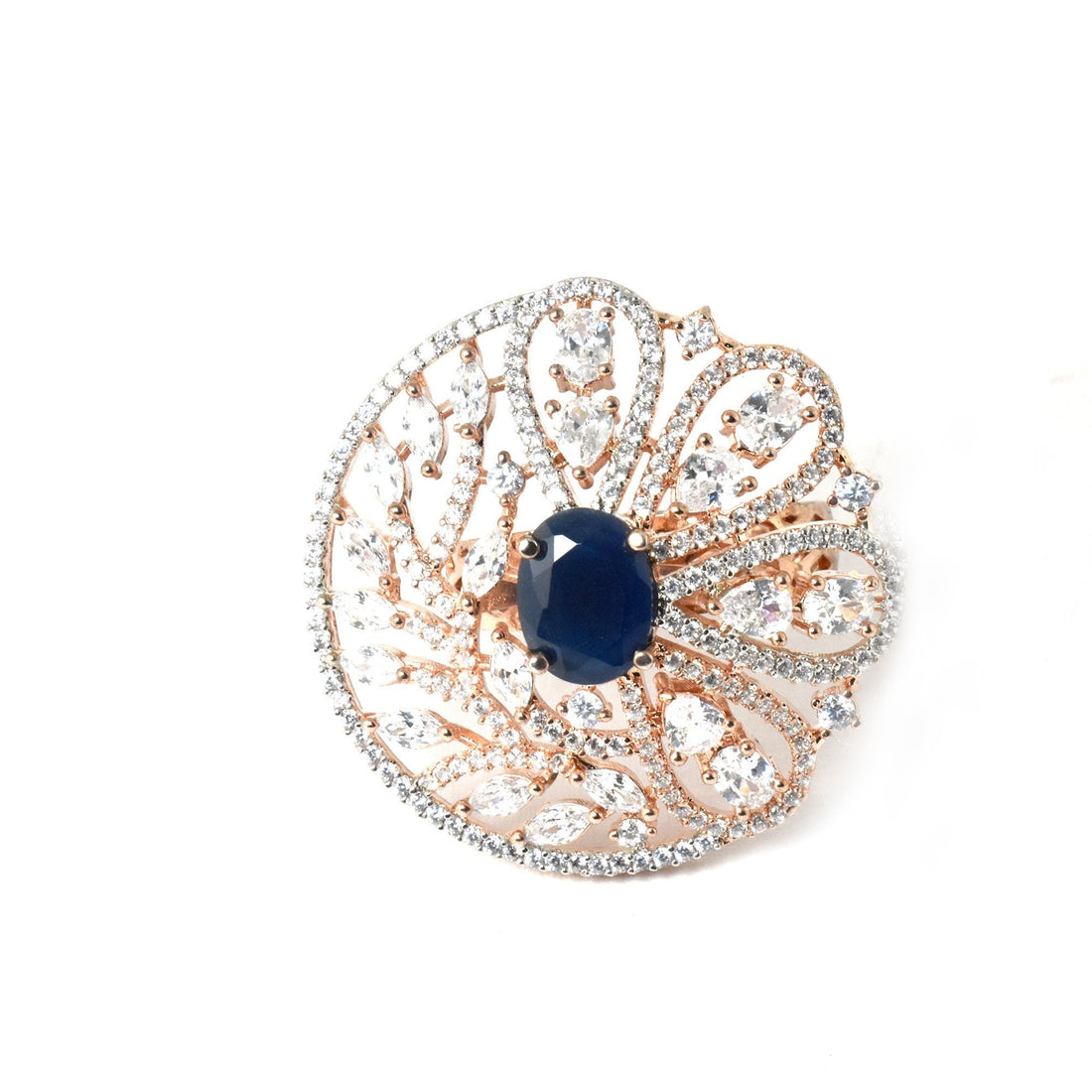 Rose Gold Plated Sapphire Ring with CZ Diamond Halo | Adjustable Bridal Statement Ring | Elegant Cocktail Party Wear Jewelry | Gift For Her — 2