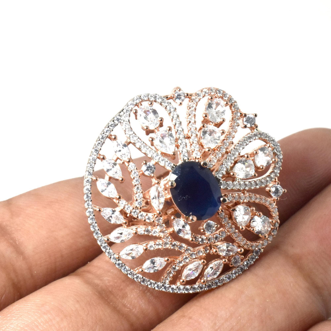Rose Gold Plated Sapphire Ring with CZ Diamond Halo | Adjustable Bridal Statement Ring | Elegant Cocktail Party Wear Jewelry | Gift For Her — 6