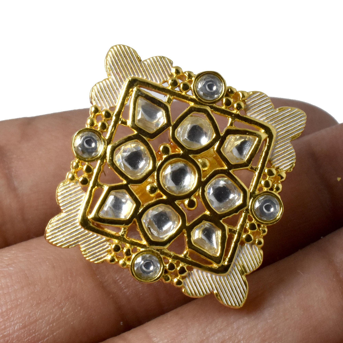 Polki CZ Diamond Bridal Ring | Yellow Gold Plated Wedding Statement Cocktail Jewelry | Engagement Ring | Party Wear Ring | Gift For Her — 7
