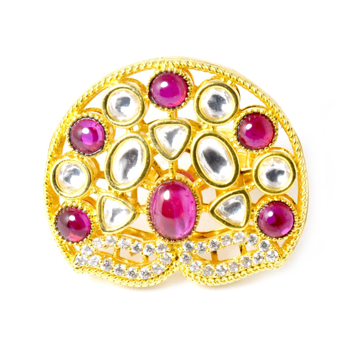 Ruby & Polki CZ Diamond Victorian Cocktail Ring | Yellow Gold Plated Vintage Bridal Statement Jewelry | Wedding Party Wear | Gift For Her — 2