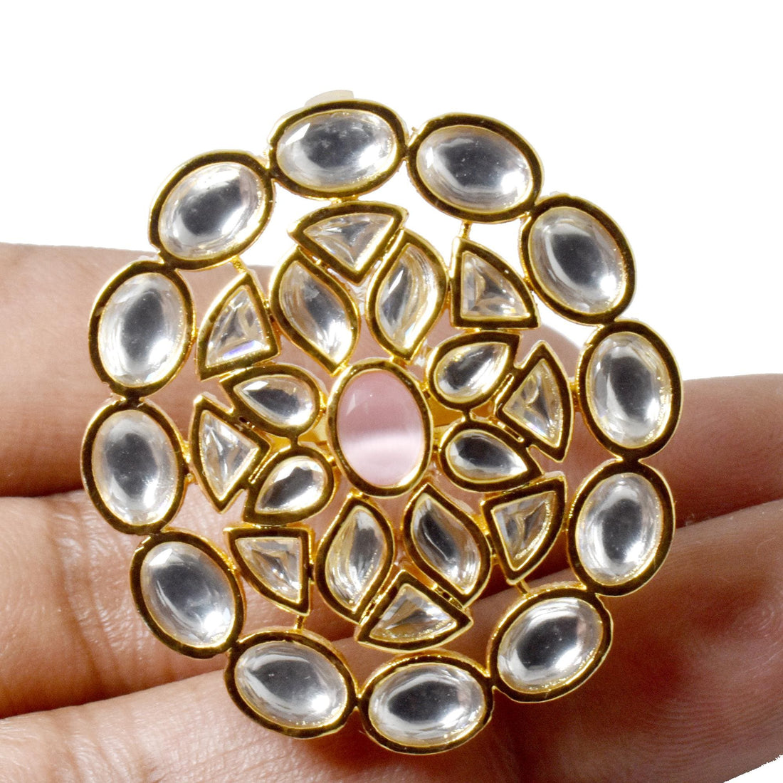 Traditional Gold Kundan Pink Enamel Ring | Indian Ethnic Bridal Ring | Statement Jewelry | Wedding Festive Party Wear | Gift For Her — 5