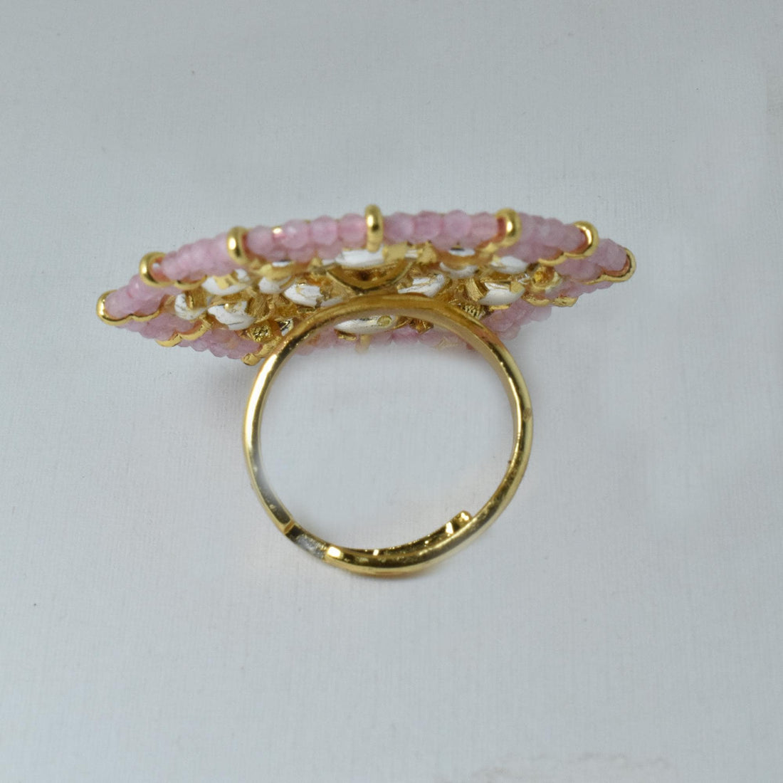 Handcrafted Pink Kundan Polki Adjustable Ring | Indian Ethnic Statement Jewelry | Traditional Bridal Cocktail Ring | Gift for Her — 4